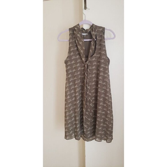 NEW CALVIN KLEIN MONOGRAM LOGO PRINT OLIVE  TAN FRONT BOW MINI DRESS SZ 14 - Picture 2 of 5
